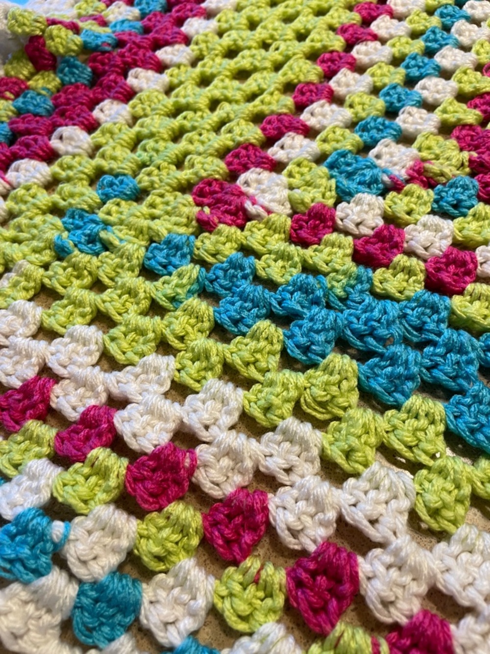 Hand Crafted Crochet Throw - White, Teal, Lime & Raspberry - Picture 3 of 4
